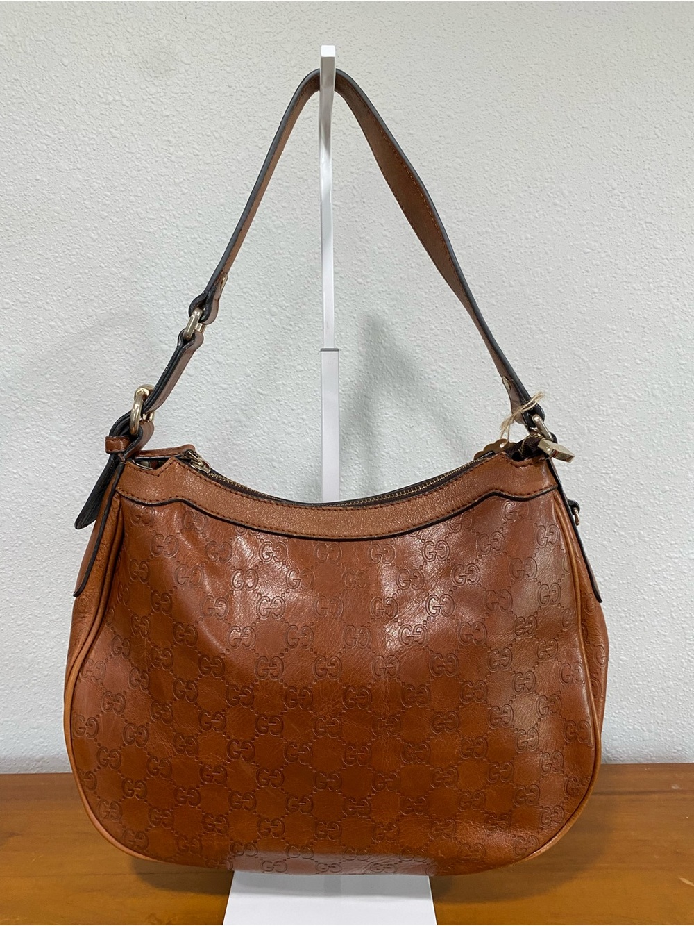 Embossed Monogram Tan Leather Shoulder Bag